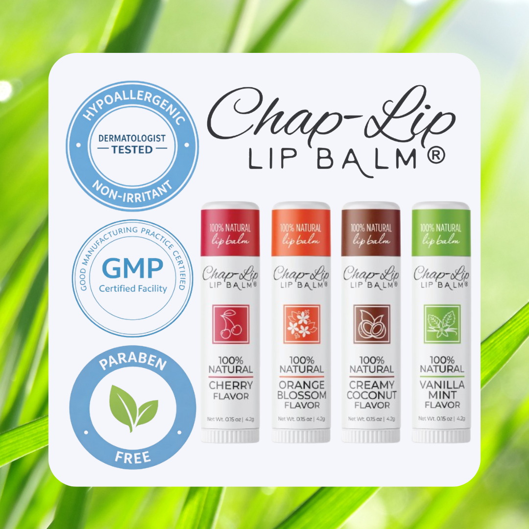 Chap-Lip Lip balm cosmetic seal, Paraben free, Hypoallergenic Non irritant, GMP certified facility
