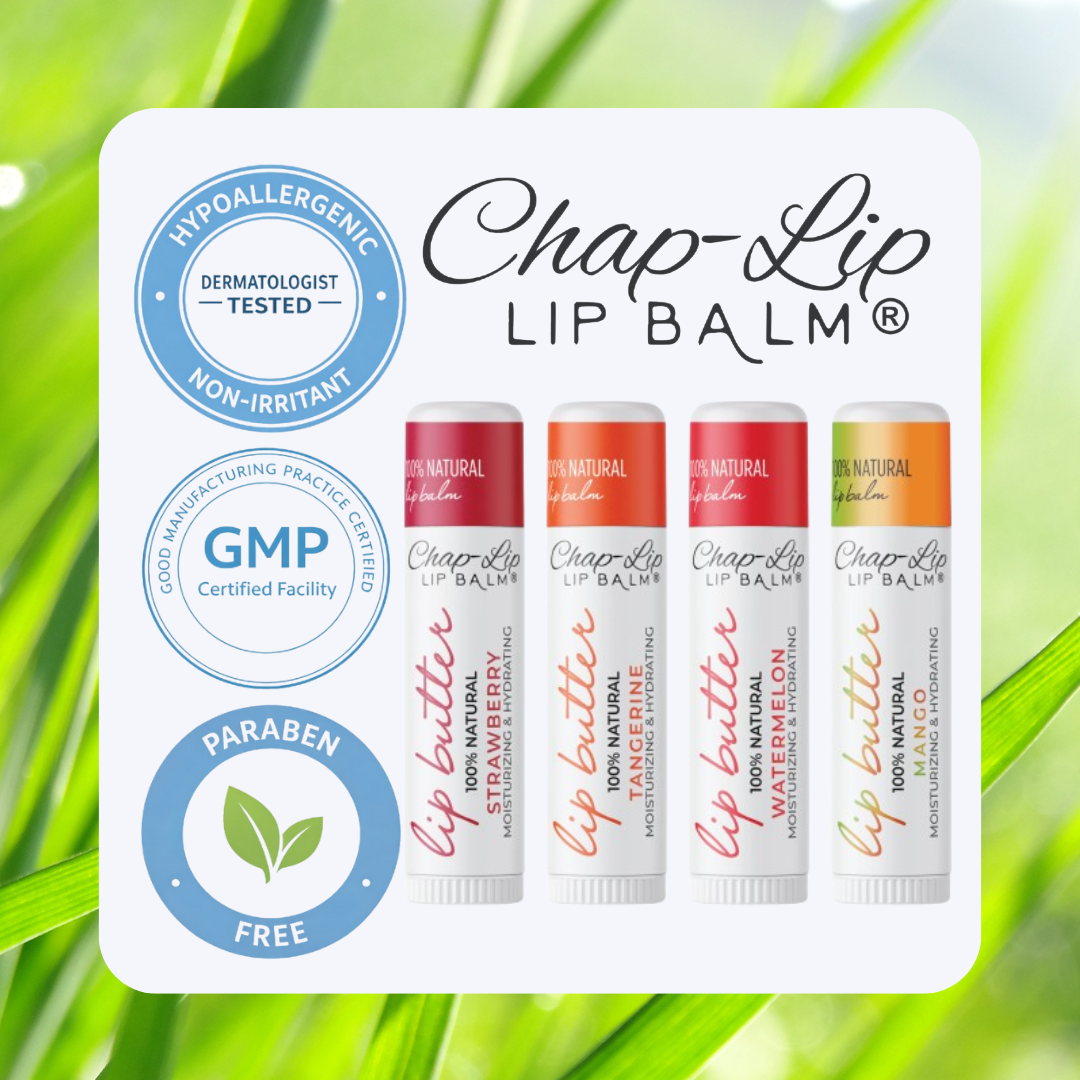 Chap-Lip lip balm with product tubes and certification logos, paraben free, hypoallergenic, GMP certified facility

