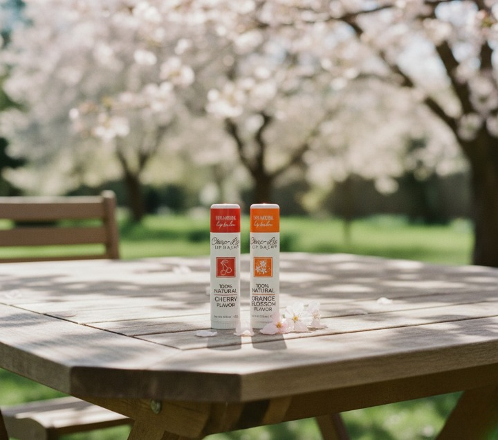 Two lip balms on a wooden table with cherry blossom trees in the background
